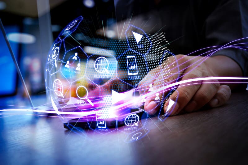 Marketing digital (anúncio no site, email, rede social, SEO, vídeo, aplicação móvel) em diagrama com formato de globo virtual. foto de stock royalty free