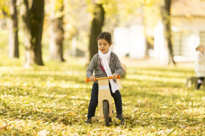 Meisje berijdende fiets in de herfstpark royalty-vrije stock afbeeldingen