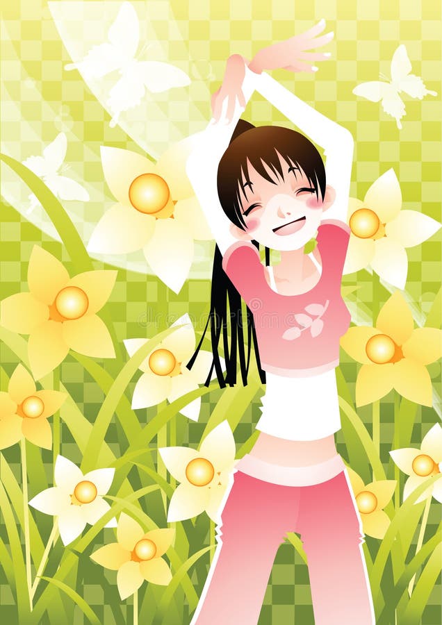 Meisje danst in de tuin. vectorillustratie-decoratief ontwerp vector illustratie