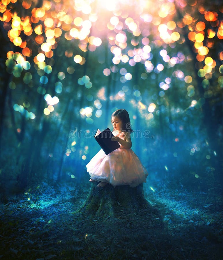 A little girl reading a book in a magical forest. A little girl reading a book in a magical forest