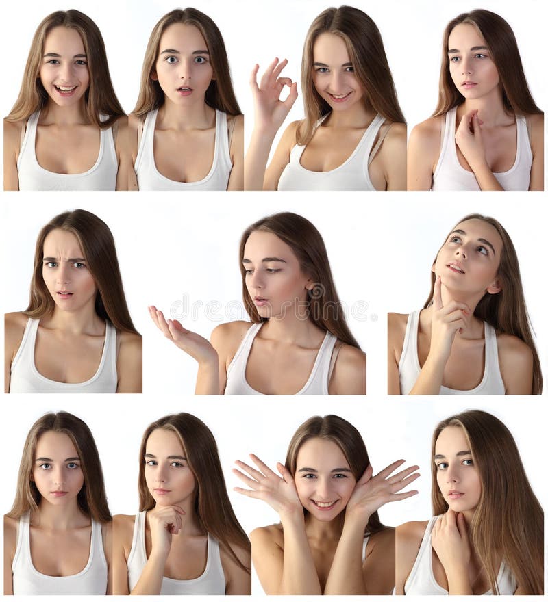 Isolated on white: young girl making eleven facial expressions on white background. Isolated on white: young girl making eleven facial expressions on white background