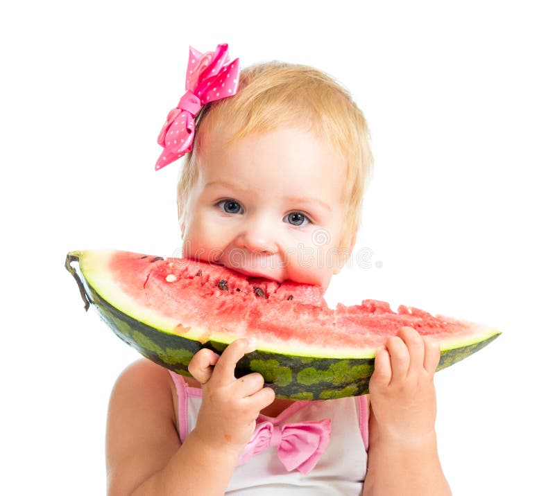 Meisje dat watermeloen eet die op wit wordt geïsoleerdl royalty-vrije stock afbeelding Meisje dat watermeloen eet die op wit wordt geïsoleerdl royalty-vrije stock afbeelding