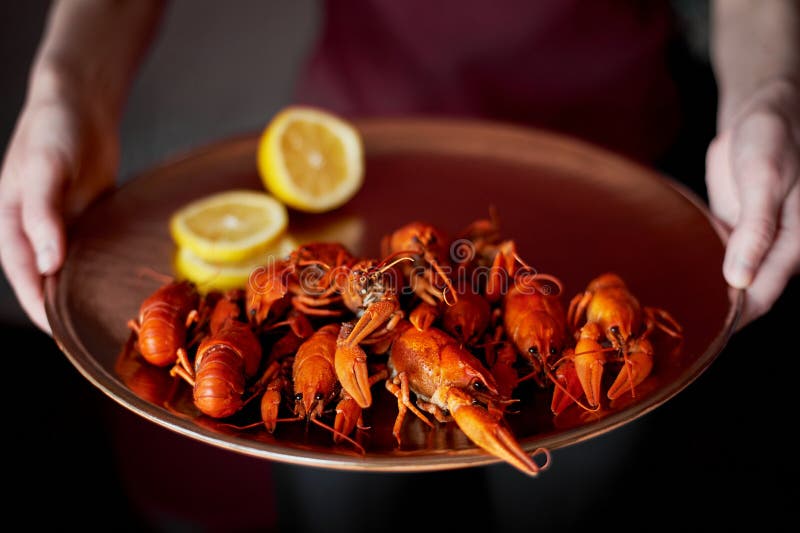 Meisje die een schotel van gekookte rivierkreeften houden Zeevruchten Mediterraan voedsel royalty-vrije stock foto's Meisje die een schotel van gekookte rivierkreeften houden Zeevruchten Mediterraan voedsel royalty-vrije stock foto's