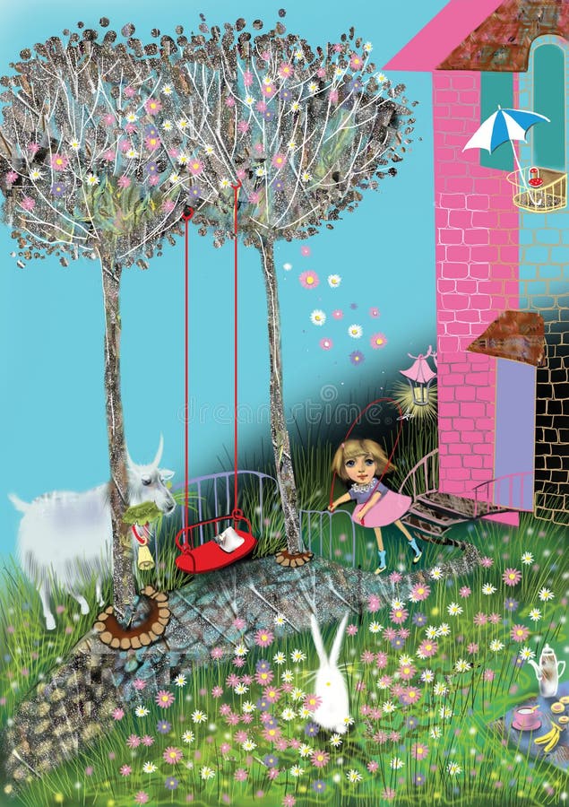 Meisje die jumprope in een mooie bloem gevulde tuin spelen stock illustratie Meisje die jumprope in een mooie bloem gevulde tuin spelen stock illustratie