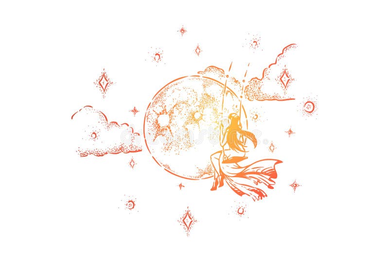 Meisje die in nachthemel, dromende persoon, mindfulness, eenzaamheids en vrijheidsmetafoor slingeren vector illustratie Meisje die in nachthemel, dromende persoon, mindfulness, eenzaamheids en vrijheidsmetafoor slingeren vector illustratie