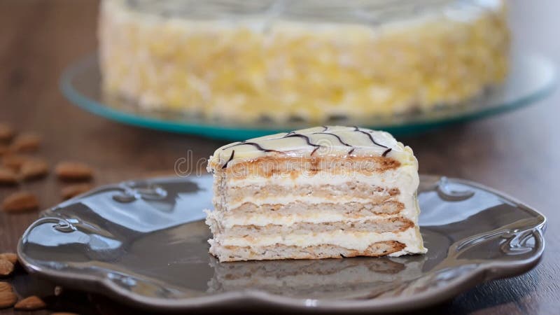 Meisje die stuk van eigengemaakte Esterhazy-cake eten