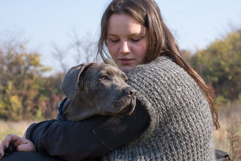 Meisje en haar grijs puppy van rietcorso royalty-vrije stock afbeelding Meisje en haar grijs puppy van rietcorso royalty-vrije stock afbeelding