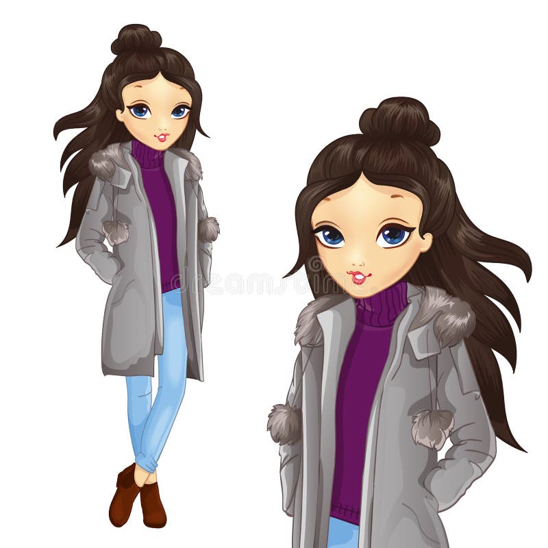 Meisje in grijze jas en jeans royalty-vrije illustratie