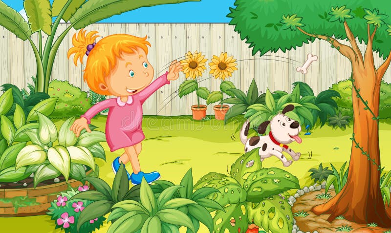 Meisje het spelen met hond in de tuin stock illustratie Meisje het spelen met hond in de tuin stock illustratie