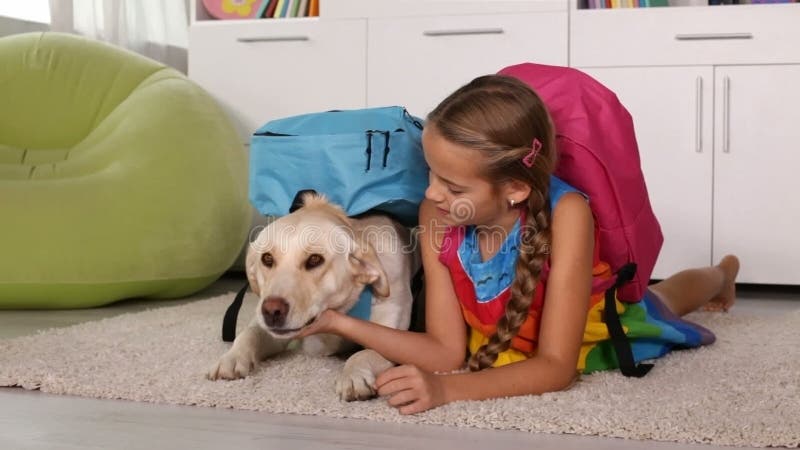 Meisje het spelen met hond gekleed voor school