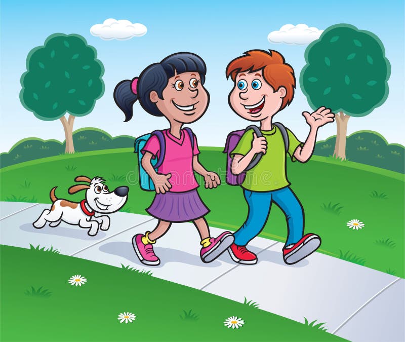 Cartoon illustration of a girl and boy walking from school with backpacks on while talking, while a dog is following behind them. Cartoon illustration of a girl and boy walking from school with backpacks on while talking, while a dog is following behind them.