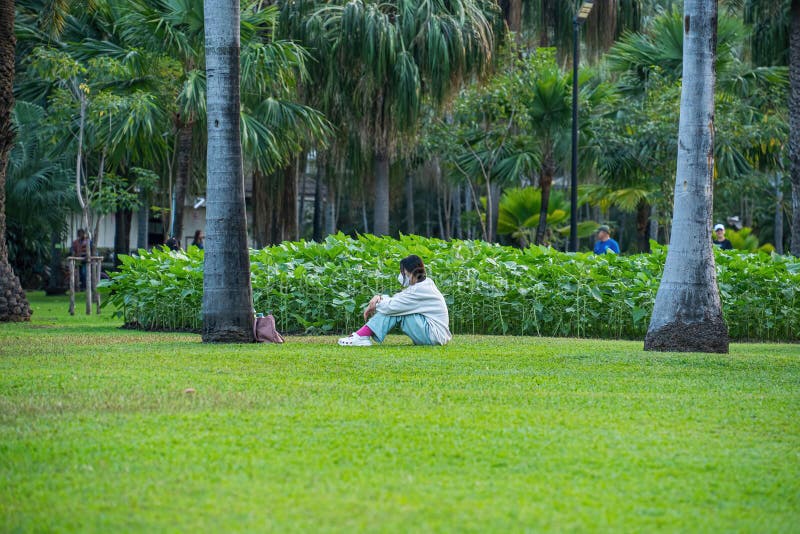 Meisje maakt selfies in het park stock afbeeldingen