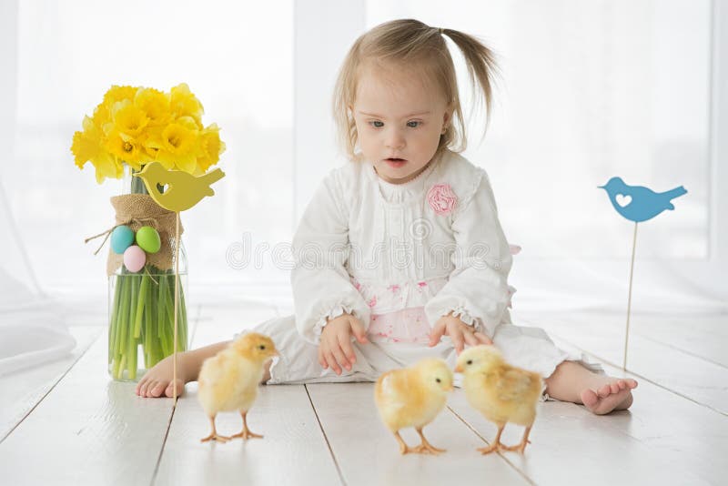 Meisje met het Benedensyndroom spelen met gele kippen stock foto Meisje met het Benedensyndroom spelen met gele kippen stock foto