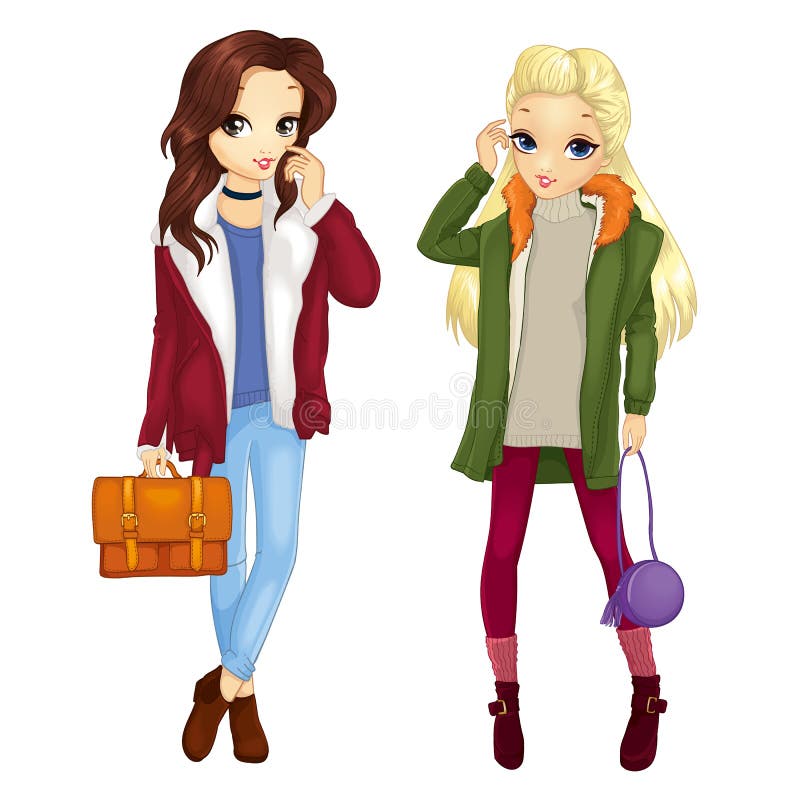 Meisjes in de herfst in warme outfits royalty-vrije illustratie