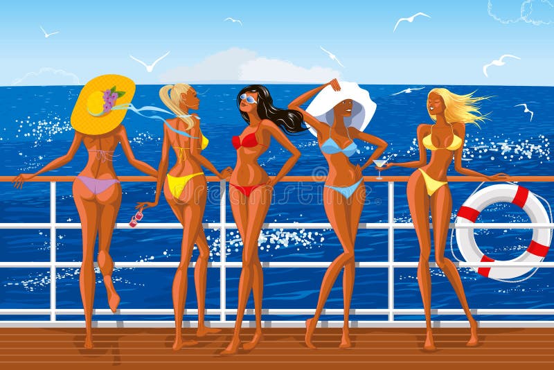Meisjes in bikini's die op de jacht varen royalty-vrije illustratie