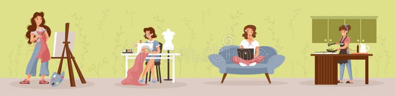 Meisjes Hobby. Jonge Vrouwen Thuis Die Van Hun Vrije Tijd Genieten En Hobby ' S Doen. Vectorillustratie. Vector Illustratie - Illustration of keuken: 227763721