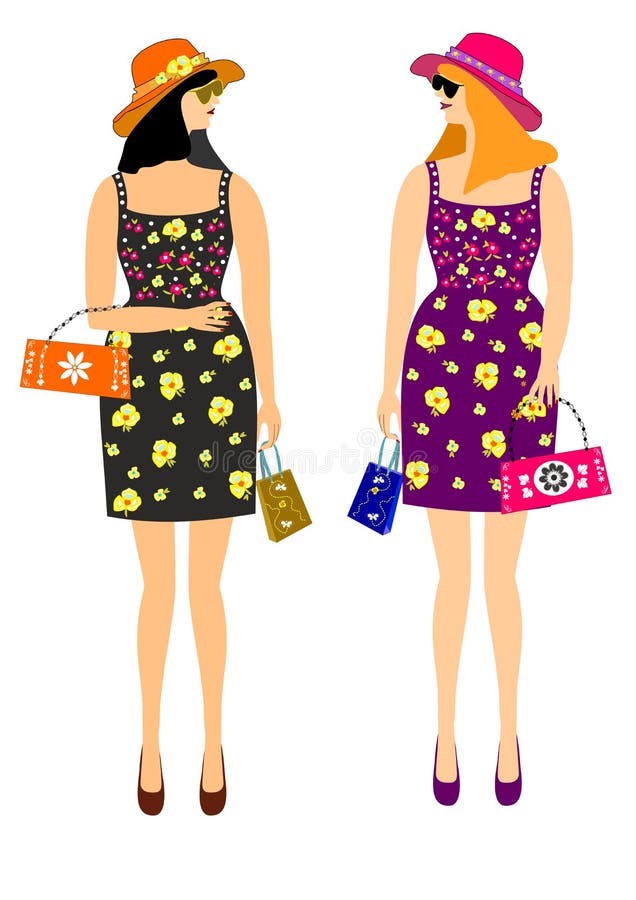 Meisjes met het winkelen in mooie kleding vector illustratie Meisjes met het winkelen in mooie kleding vector illustratie