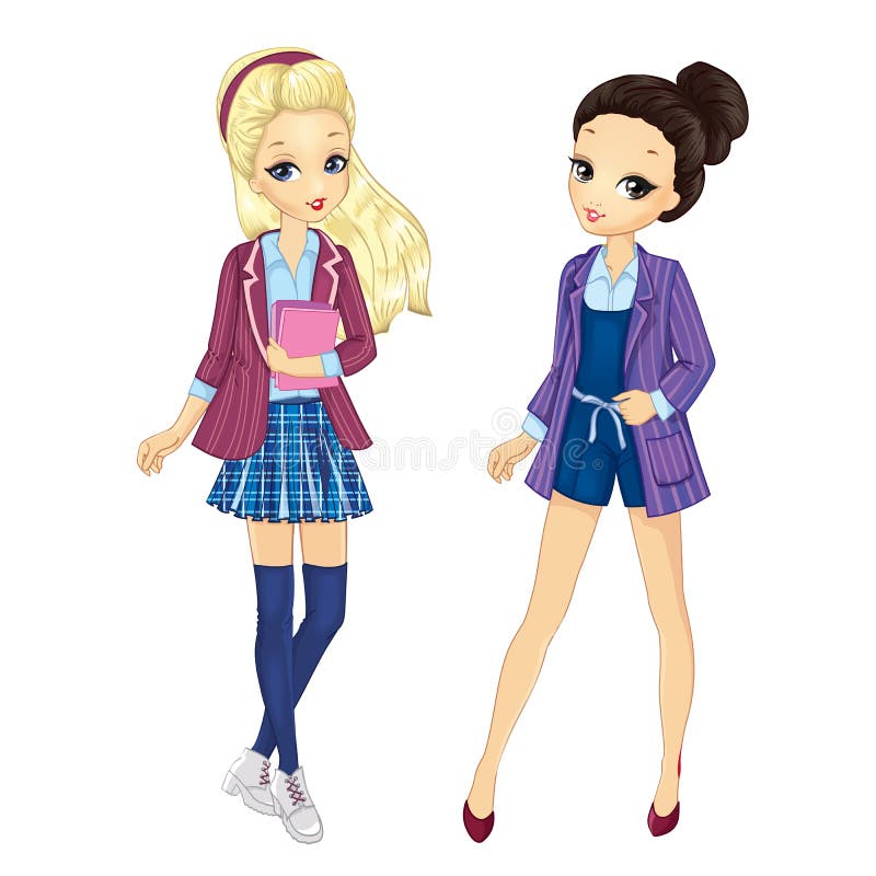 Meisjes in stijlvolle schooljassen stock illustratie