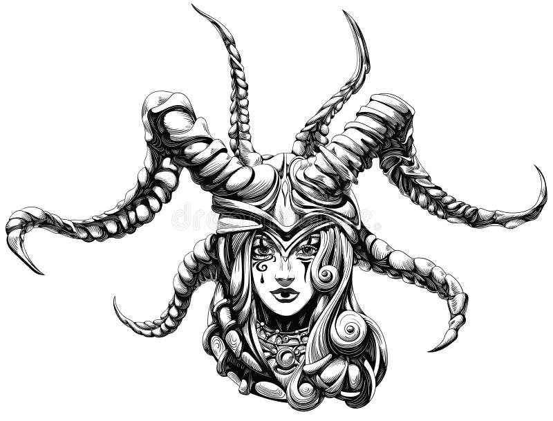 Woman shaman wearing a helmet with horns. Woman shaman wearing a helmet with horns