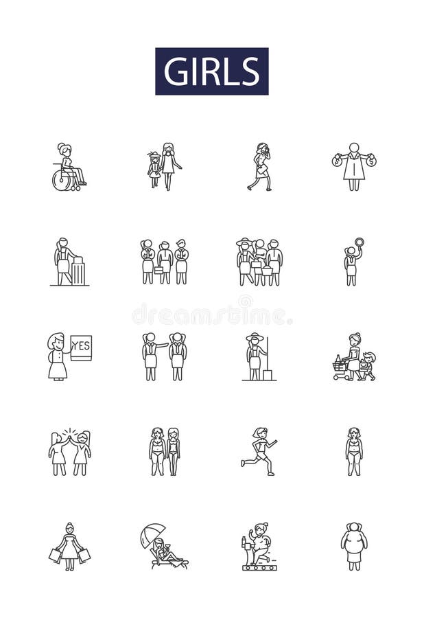 Girls line vector icons and signs. Females, Women, Ladies, Teens, Adolescents, Chicks, Maiden, Damsel vector outline illustration set. Girls line vector icons and signs. Females, Women, Ladies, Teens, Adolescents, Chicks, Maiden, Damsel vector outline illustration set