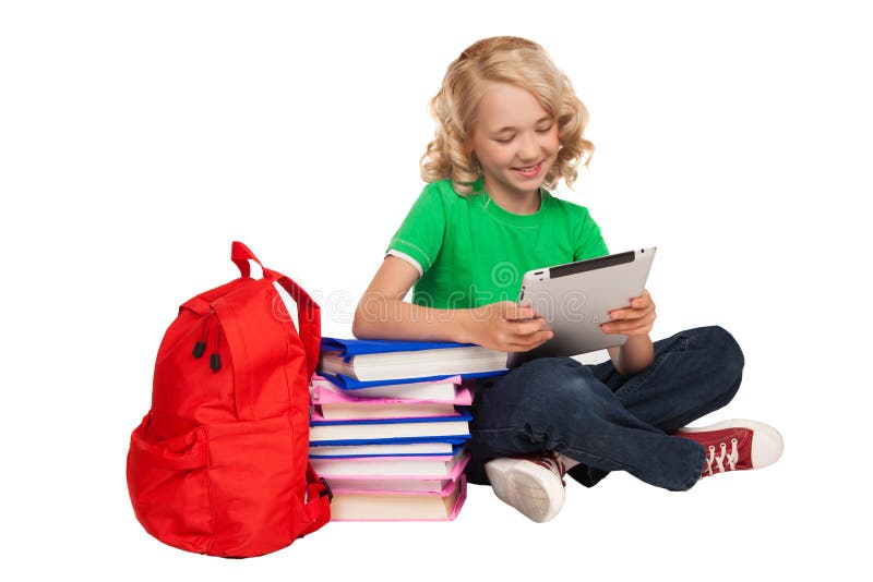 Meisjeszitting op de vloer dichtbij boeken en de tablet van de zakholding royalty-vrije stock afbeelding Meisjeszitting op de vloer dichtbij boeken en de tablet van de zakholding royalty-vrije stock afbeelding