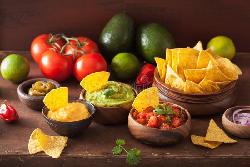 Meksyka?scy nachos z guacamole, salsa i serowym upadem, obraz stock Meksyka?scy nachos z guacamole, salsa i serowym upadem, obraz stock