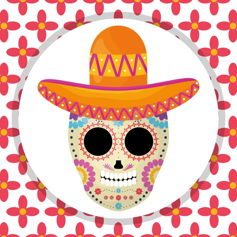 Meksyka?skiej czaszki ?miertelna maska z mariachi kapeluszem w kwiecistym tle royalty ilustracja Meksyka?skiej czaszki ?miertelna maska z mariachi kapeluszem w kwiecistym tle royalty ilustracja
