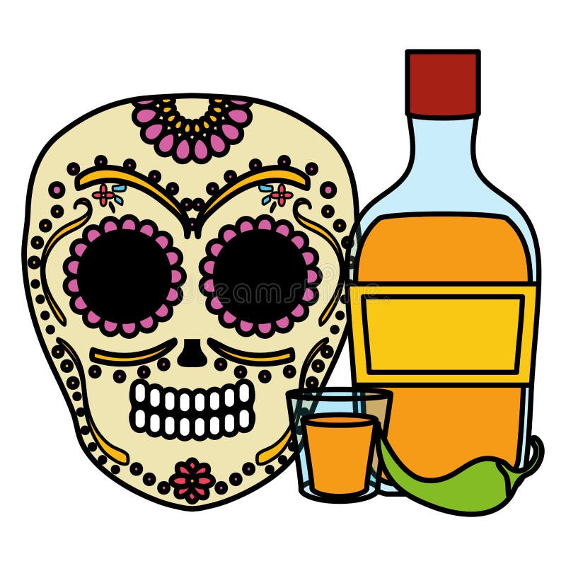 Meksyka?skiej czaszki ?miertelna maska z tequila butelk? royalty ilustracja Meksyka?skiej czaszki ?miertelna maska z tequila butelk? royalty ilustracja