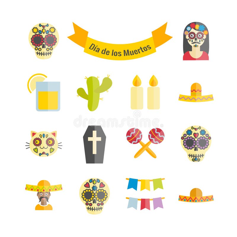 Meksykanin dzień Nieżywe Dia De Los Muertos wektorowe płaskie ikony royalty ilustracja Meksykanin dzień Nieżywe Dia De Los Muertos wektorowe płaskie ikony royalty ilustracja