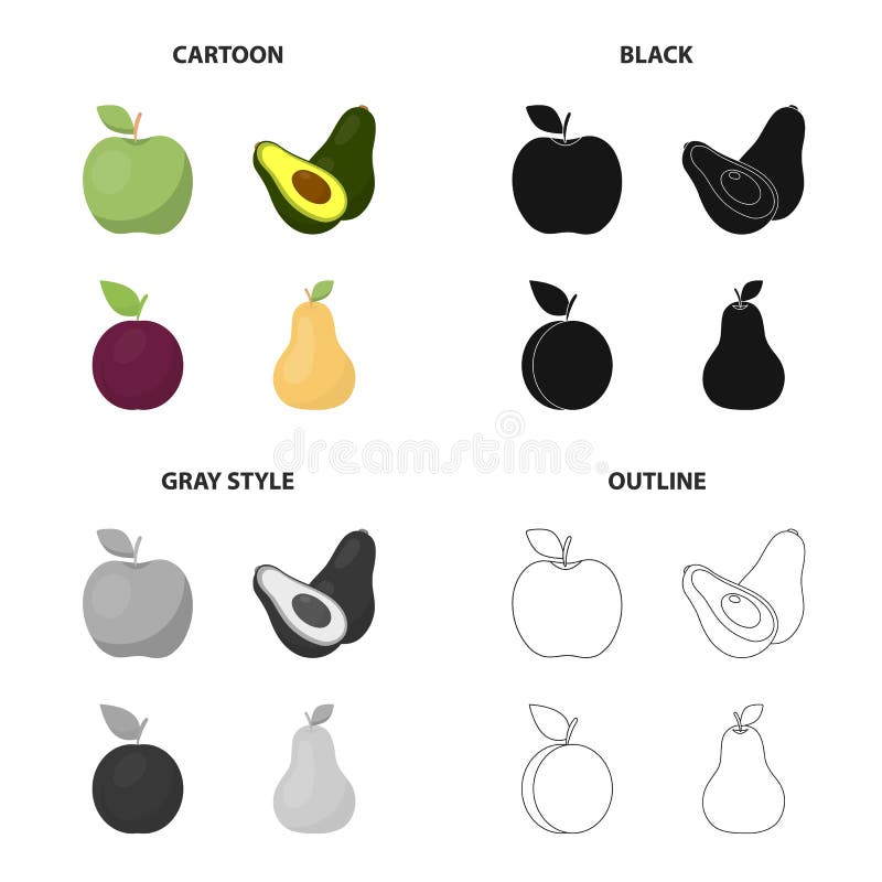 Mela verde, avocado maturo, frutta della prugna, pera I frutti hanno messo le icone della raccolta nello stile monocromatico del royalty illustrazione gratis Mela verde, avocado maturo, frutta della prugna, pera I frutti hanno messo le icone della raccolta nello stile monocromatico del royalty illustrazione gratis