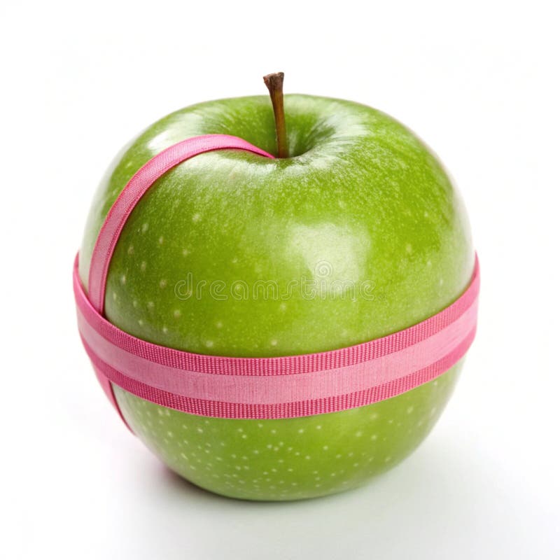 Mela verde con fascia rosa isolata su fondo bianco. Una mela verde fresca con una fascetta rosa isolata su fondo bianco perfetta per un'alimentazione sana e temi ecologici