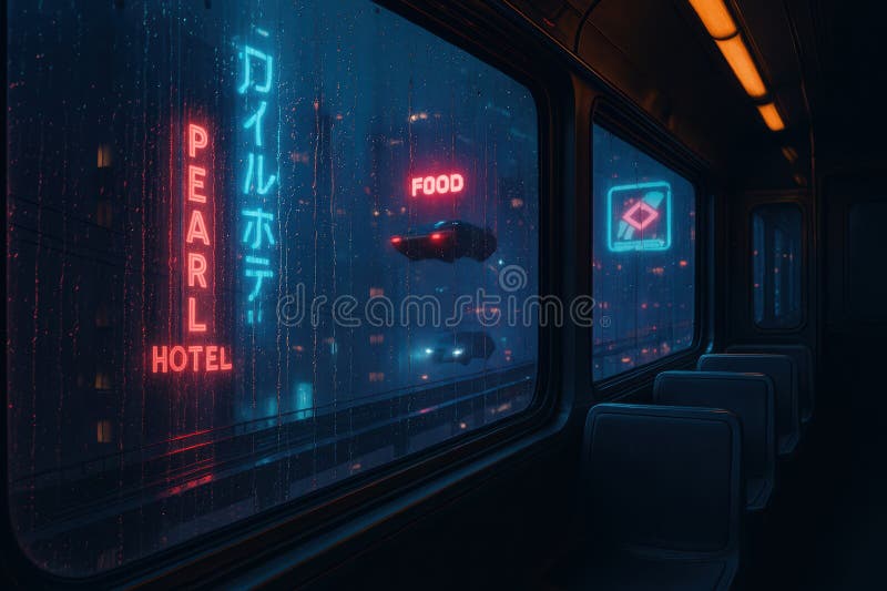 Futuristic City Train Night Neon Lights Rain Stock Photos - Free