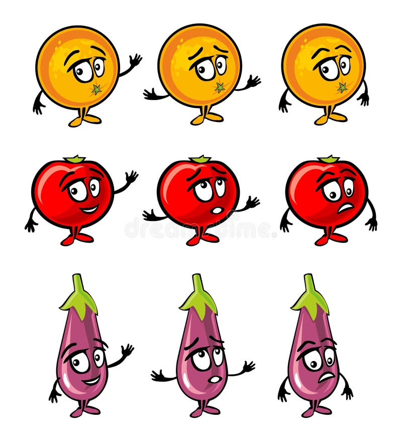Melanzana, pomodoro, sorrisi arancio del fumetto, sorpresi e tristi illustrazione di stock Melanzana, pomodoro, sorrisi arancio del fumetto, sorpresi e tristi illustrazione di stock