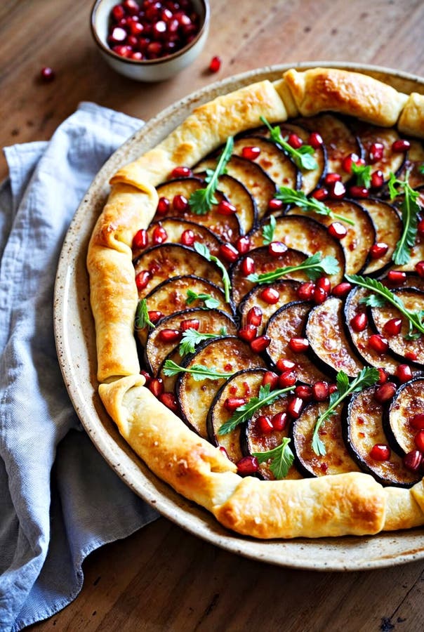 Melanzana rustica tart con melagrana e erbe fresche su tavolino di legno illustrazione di stock