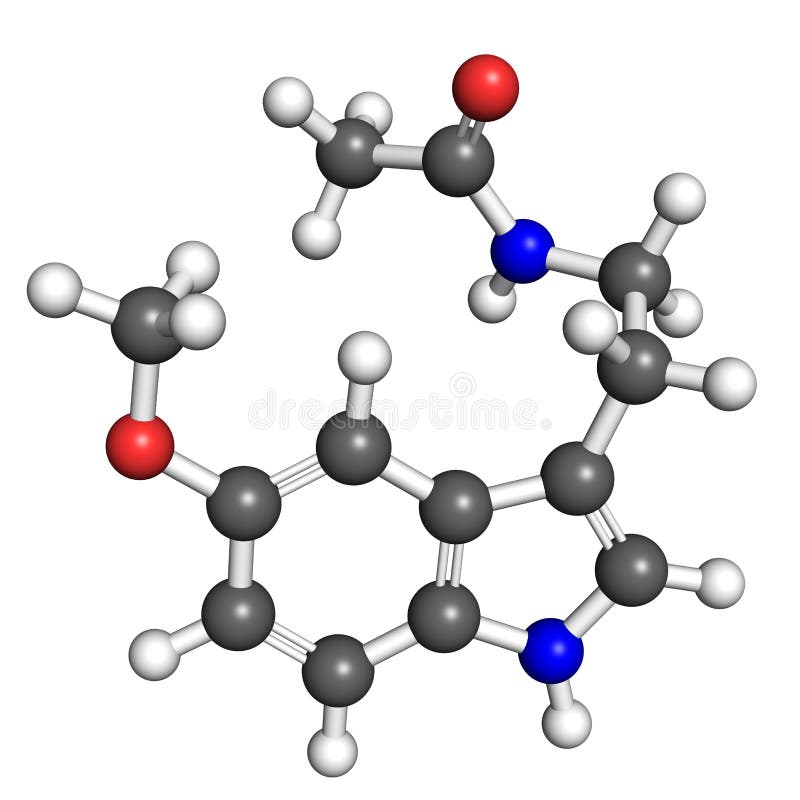 Ball and stick model of melatonin, hormone that regulates daily cycle. Atoms are coloured according to convention (nitrogen-blue; carbon-gray; oxygen-red; hydrogen-white). Oxygen molecule blue illustrations