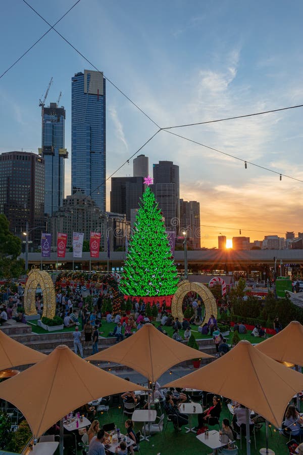 MELBOURNE, AUSTRALIA 8 December 2019 the Federation Square Christmas Tree at Sunset
