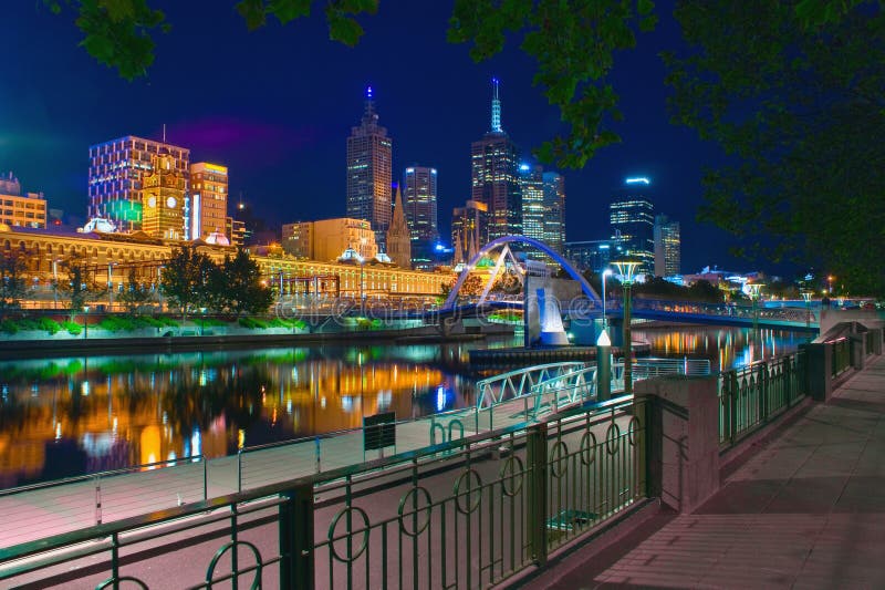Melbourne Lights at Night from the Yarra River Stock Photo Image of