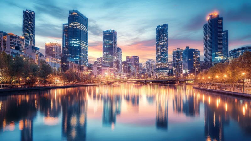 Melbourne oraș orizont apus de soare reflecție râu royalty free illustration