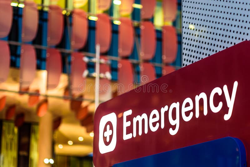 Melbourne, Victoria, Australia, September 30th, 2018: The `Emergency` sign at the front entrance of the Royal Childrens Hospital in Parkville, Melbourne, Australia. Melbourne, Victoria, Australia, September 30th, 2018: The `Emergency` sign at the front entrance of the Royal Childrens Hospital in Parkville, Melbourne, Australia