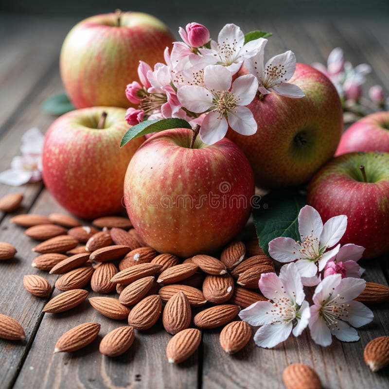 Mele e mandorle fresche con fiori sulla tavola di legno di Rustic illustrazione di stock