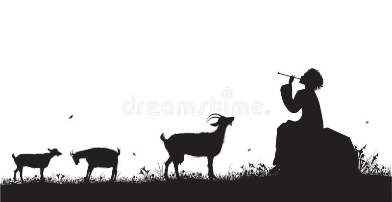 Shepherd herds the goats and playing on the trumpet, summer melody, silhouette, shadows.