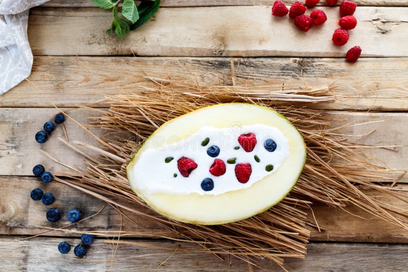 Melon with Yogurt and Berries Top View Stock Image Image of berry