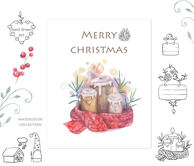 Christmas candle and doodle frame Cartoon clip art illustration on isolated background. Watercolour imitation. Christmas poster or stock illustration Christmas candle and doodle frame Cartoon clip art illustration on isolated background. Watercolour imitation. Christmas poster or stock illustration