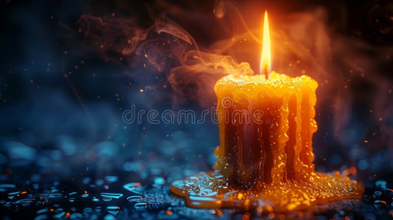 Melted candle with flame on wet surface, dark background. Serenity and calmness concept stock photo