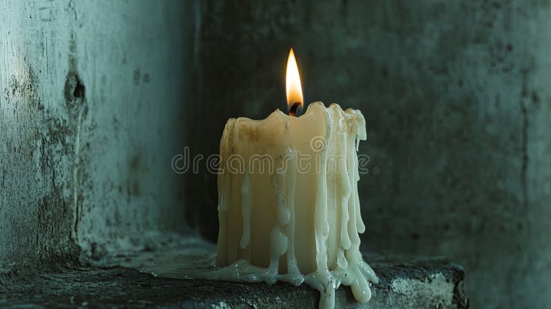 Melted candle on shelf, wax details. stock image