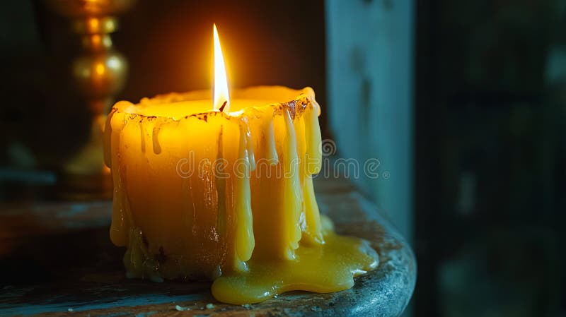 Melted candle on shelf, wax details. stock images