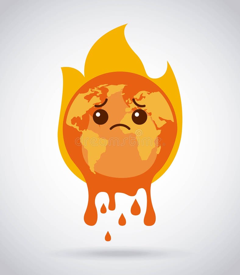 Melting cartoon planet earth burning fire sad vector illustration Melting cartoon planet earth burning fire sad vector illustration