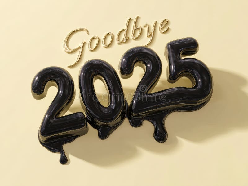 Melting glossy black numbers 2025 with goodbye message for new year celebration design royalty free illustration