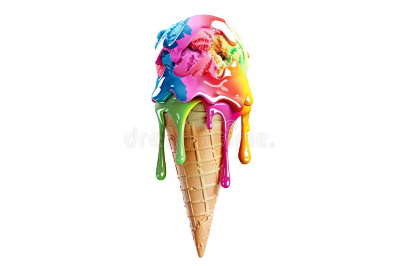 A melting ice cream cone, with colorful scoops dripping down the sides, suspended against a clean white background. royalty free stock photos
