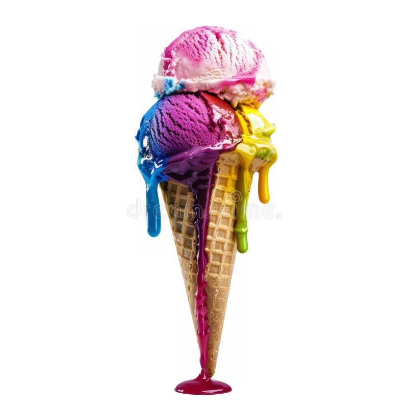 A melting ice cream cone, with colorful scoops dripping down the sides, suspended against a clean white background. royalty free stock photo